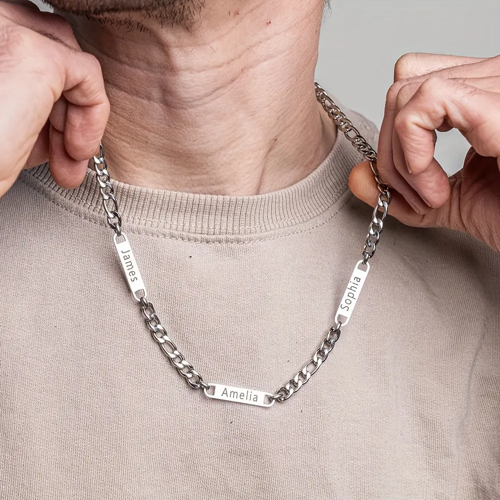 Personalized Men'S Multi-Name Necklace Fashionable Nameplate Pendant Engravable Names Suitable for Daily Wear Stainless Steel Necklace Men'S Additions Valentine'S Day, Father'S Day, Thanksgiving, Christmas