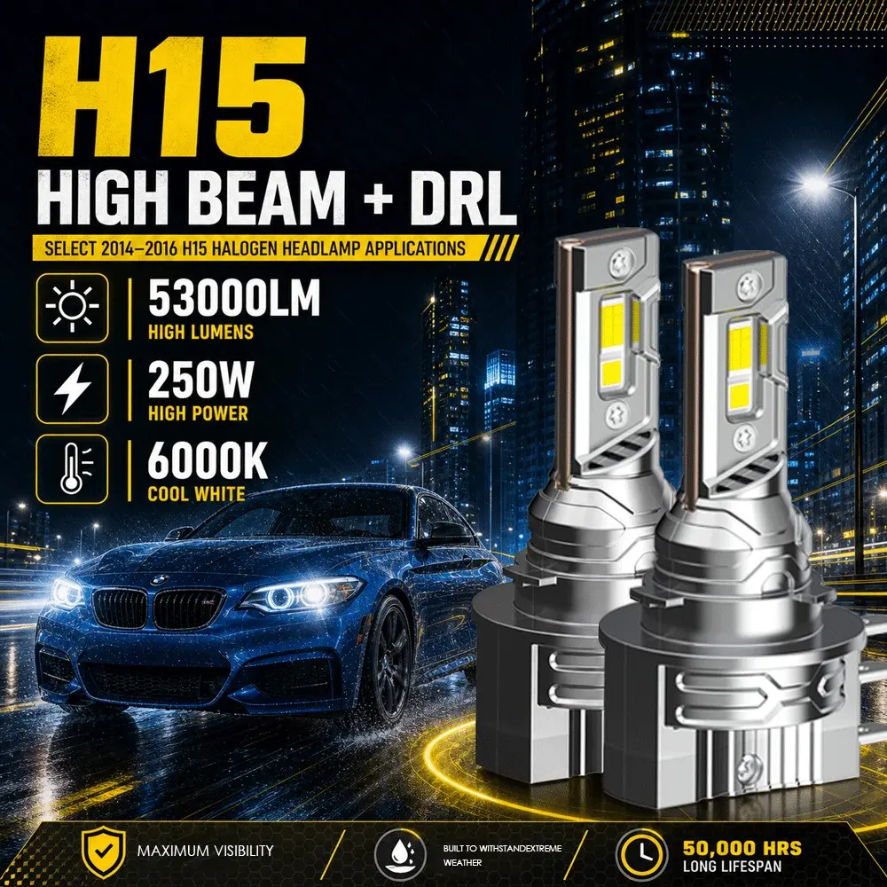 H15 LED Headlight Bulbs 2-Pack, 6000K High Beam & DRL for Select VW Golf/GTI/SportWagen/Tiguan, Audi A3/A5/Q7 & BMW 228i/M235i Halogen Headlights, CANbus Ready, Led Car Lights