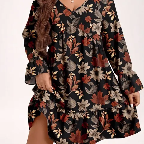 Plus Size Women’s Fall Floral A-Line Mini Dress, V Neck Long Bell Sleeves, Ruffle Hem Flowy Casual Boho Autumn Dress for Daily Wear