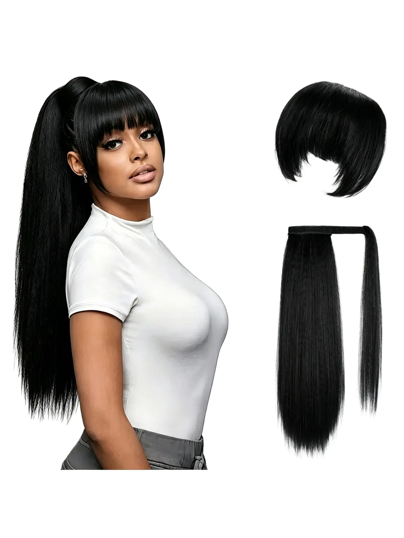 Long Yaki Straight Drawstring Ponytail with Bangs for Black Women Synthetic Thick Kinky Straight Bangs Ponytail Hairpieces 24 inch Clip in Ponytail Extension for Girl Daily Use