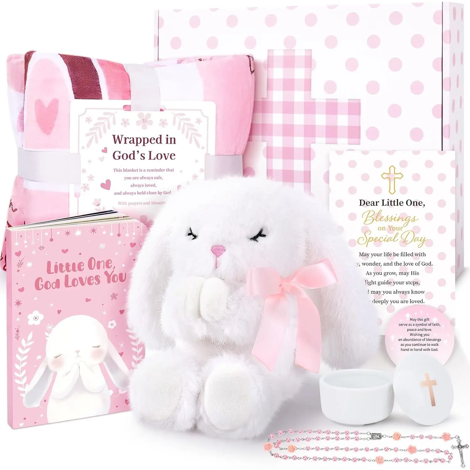 Baby Girl Baptism Gift Set, Christening Gift Basket with Bunny Stuffed Animal, First Rosary Beads, Prayer Book, and Keepsake Blanket for Catholic Baby Dedication(Gift)