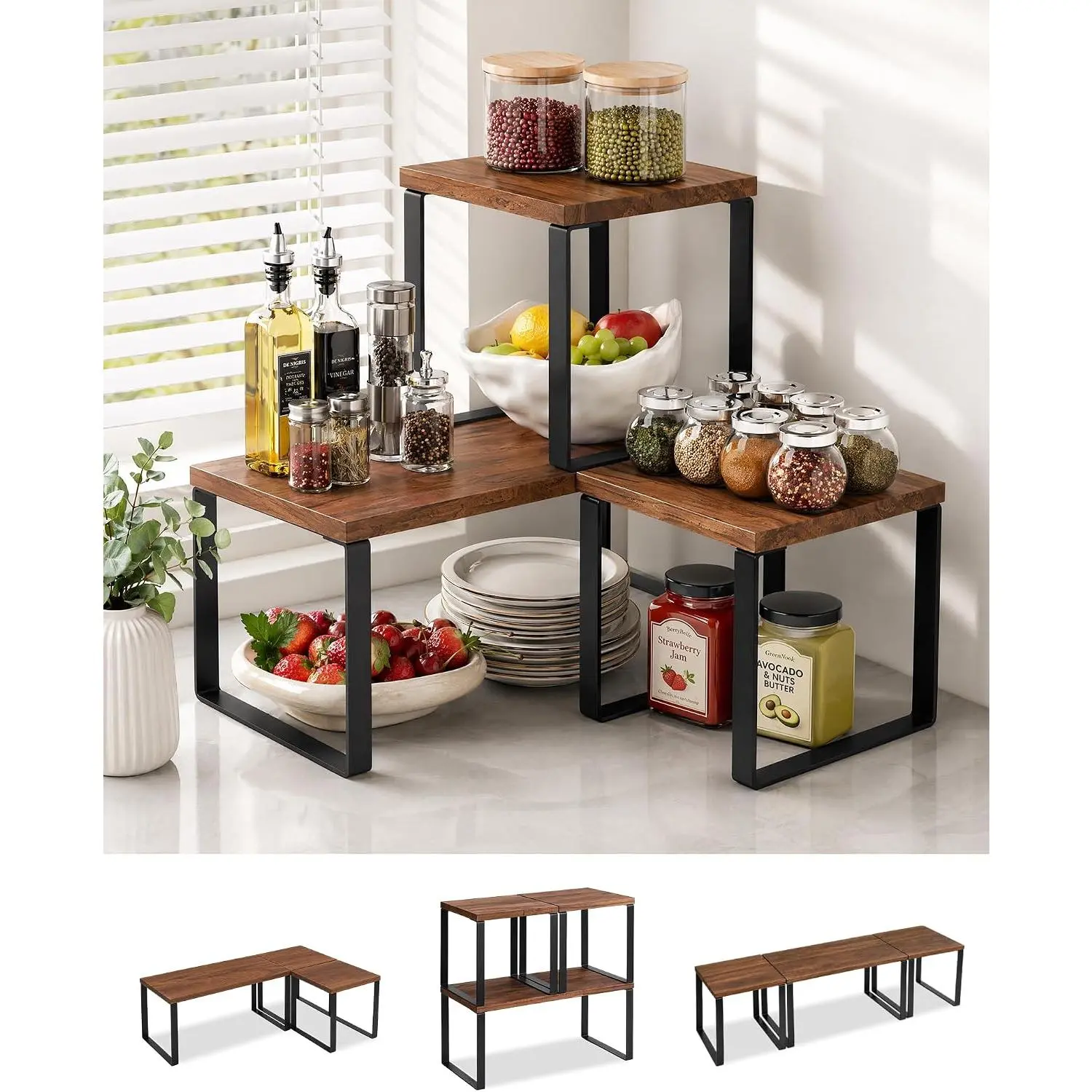 Countertop Organizer Corner Shelf, Wooden 2 Tier Stackable Kitchen Counter Shelves with Non-Slip Pads, Adjustable 3- Desktop Corner Shelf for Desk, Kitchen, Bathroom, Coffee Corner