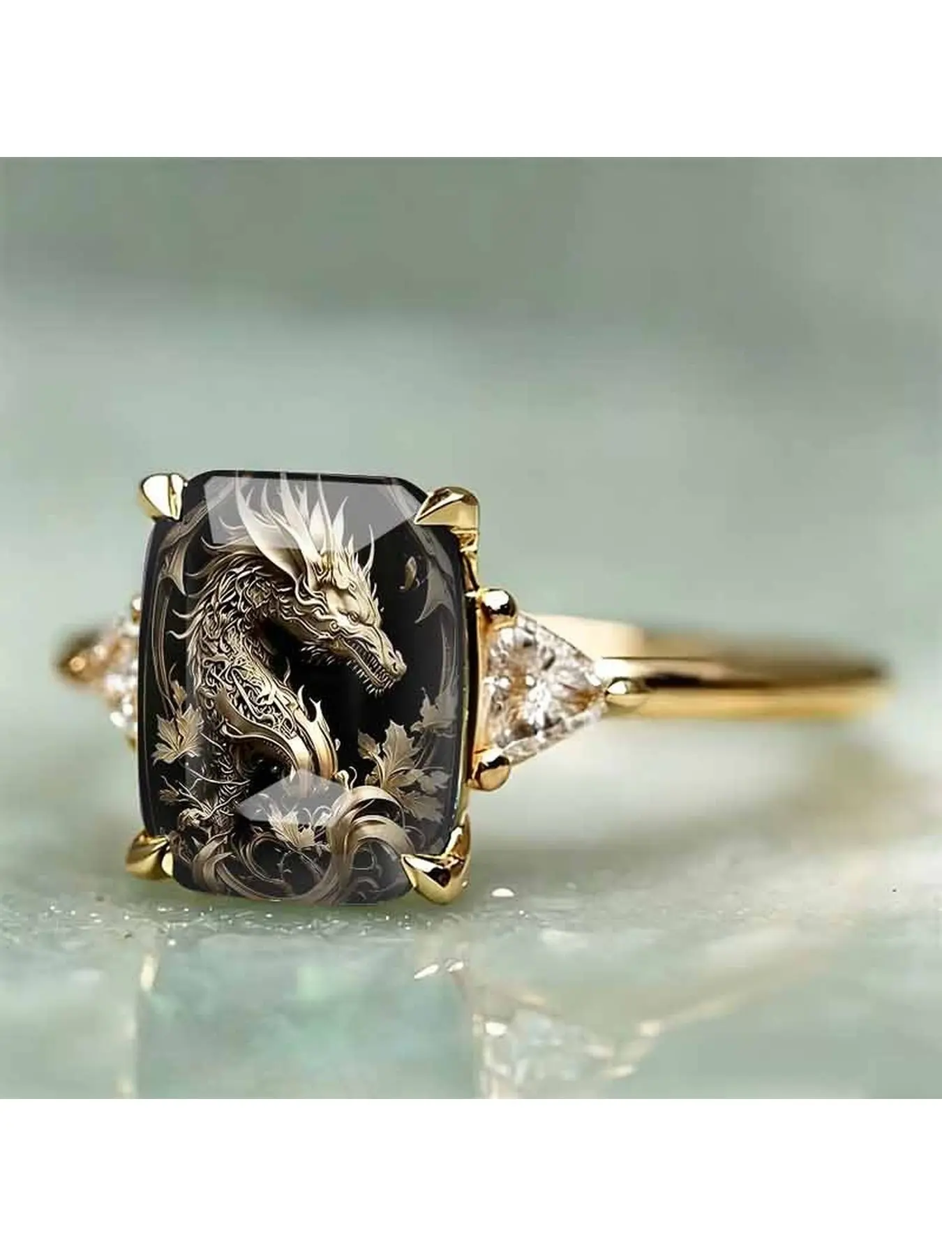 Black and gold Eastern Dragon printed square ring - Traditional Chinese dragon pattern illustration ring - Raging and retro new Chinese style niche decorative ring - Symbolizing good luck, suitable for both men and women as a piece of jewelry