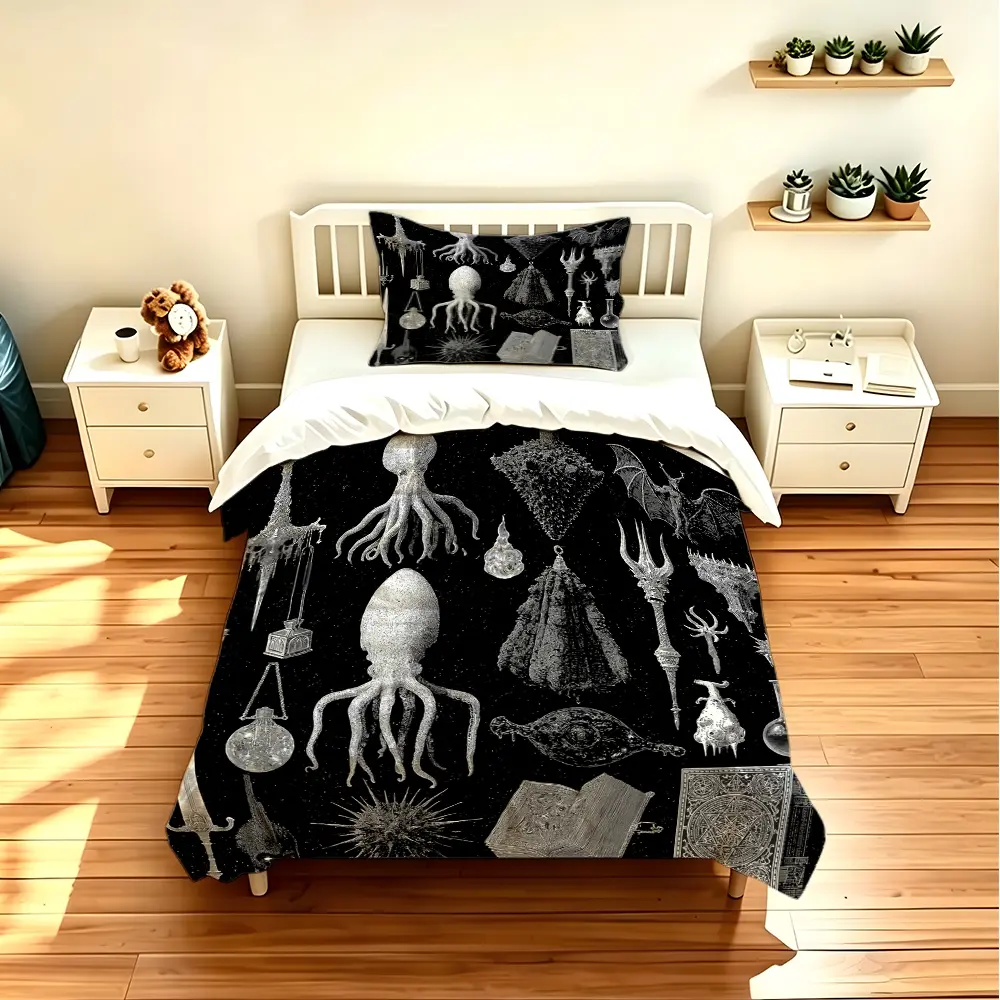 3pcs duvet cover set (1 duvet cover + 2 pillowcases) - Cthulhu Octopus Gothic Occult Bedding Set, HD digital printing, fade-resistant, soft and cozy polyester fabric, suitable for dorm bedroom hotel, all season use, bedroom decor (without filler and