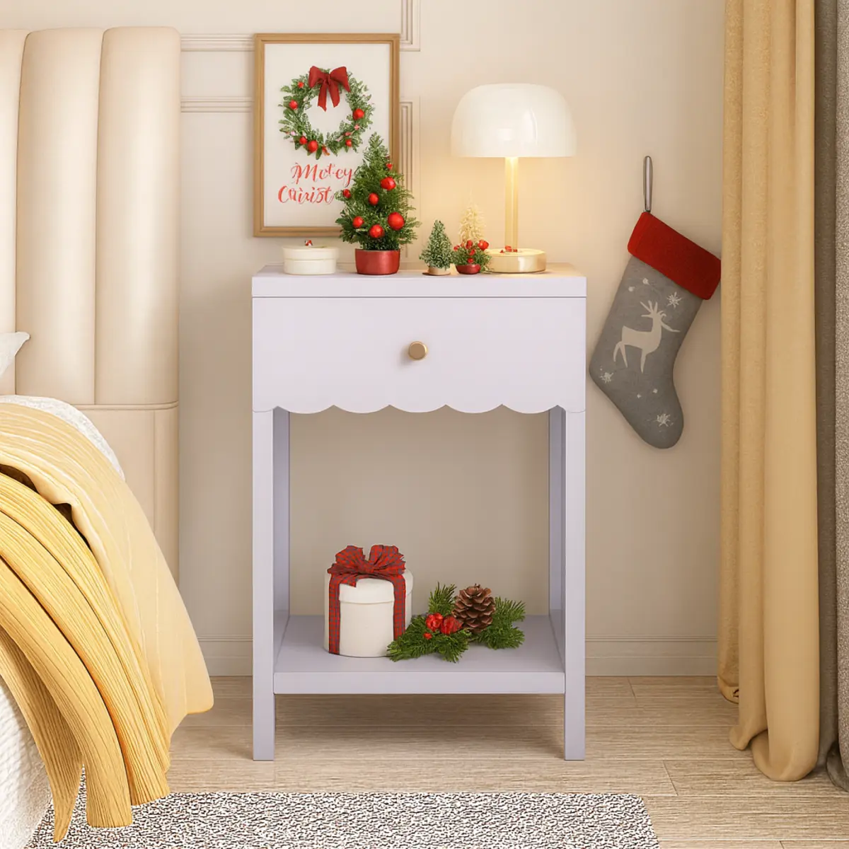 Light Purple Modern Nightstand with Drawer & Shelf - Engineered Wood, Slim Silhouette, Scalloped Edge, Easy Setup Bedroom Bedside Table for Kids' Room