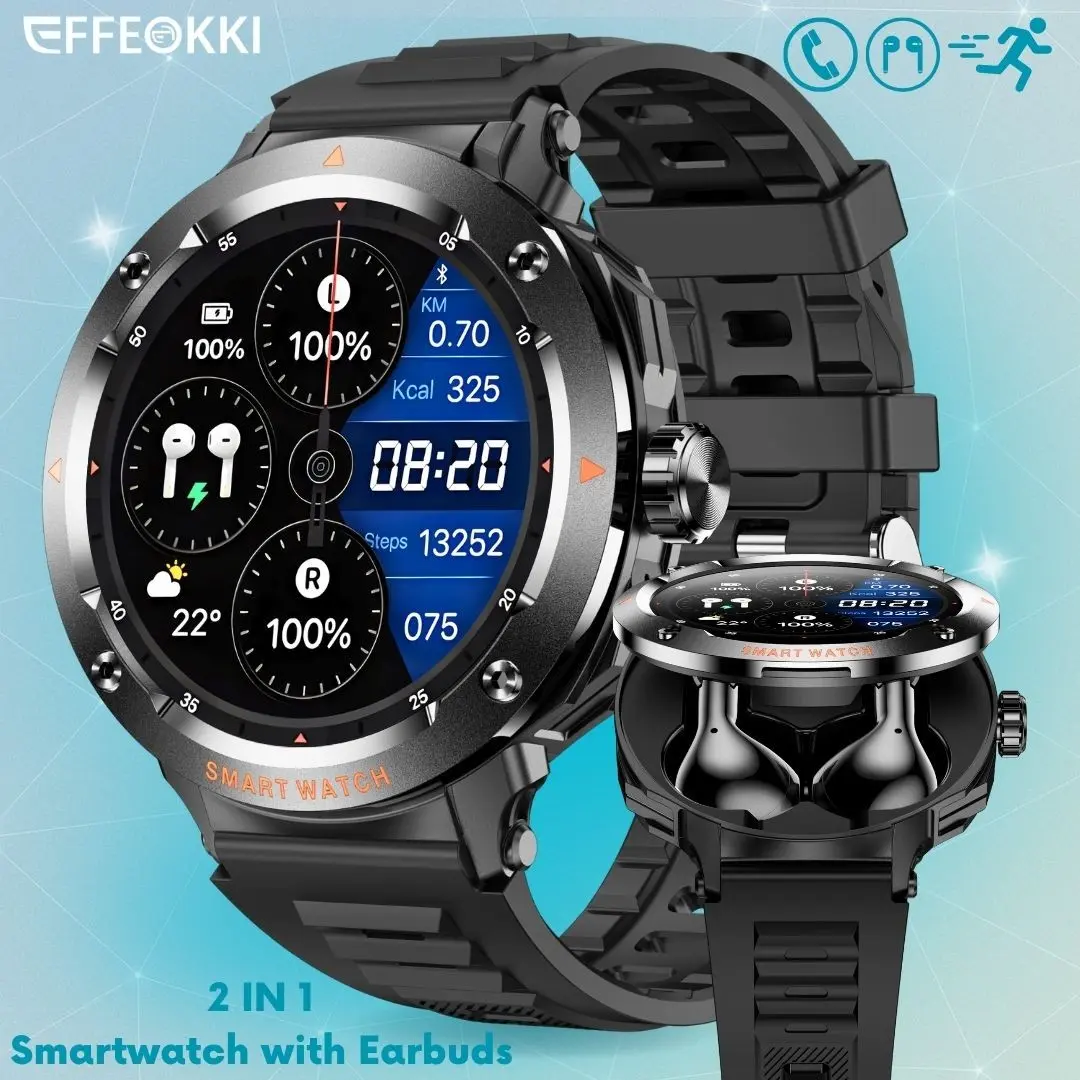 EFFEOKKI Multifunction Smartwatch with Built in Earbuds Magnetic NFC Call Music 1.46 Inch Full Touch HD Display Multiple Sports Fitness Tracker Activity Compatible with iOS Android Devices, Perfect Gift for Men, Dad, Husband & Boyfriend
