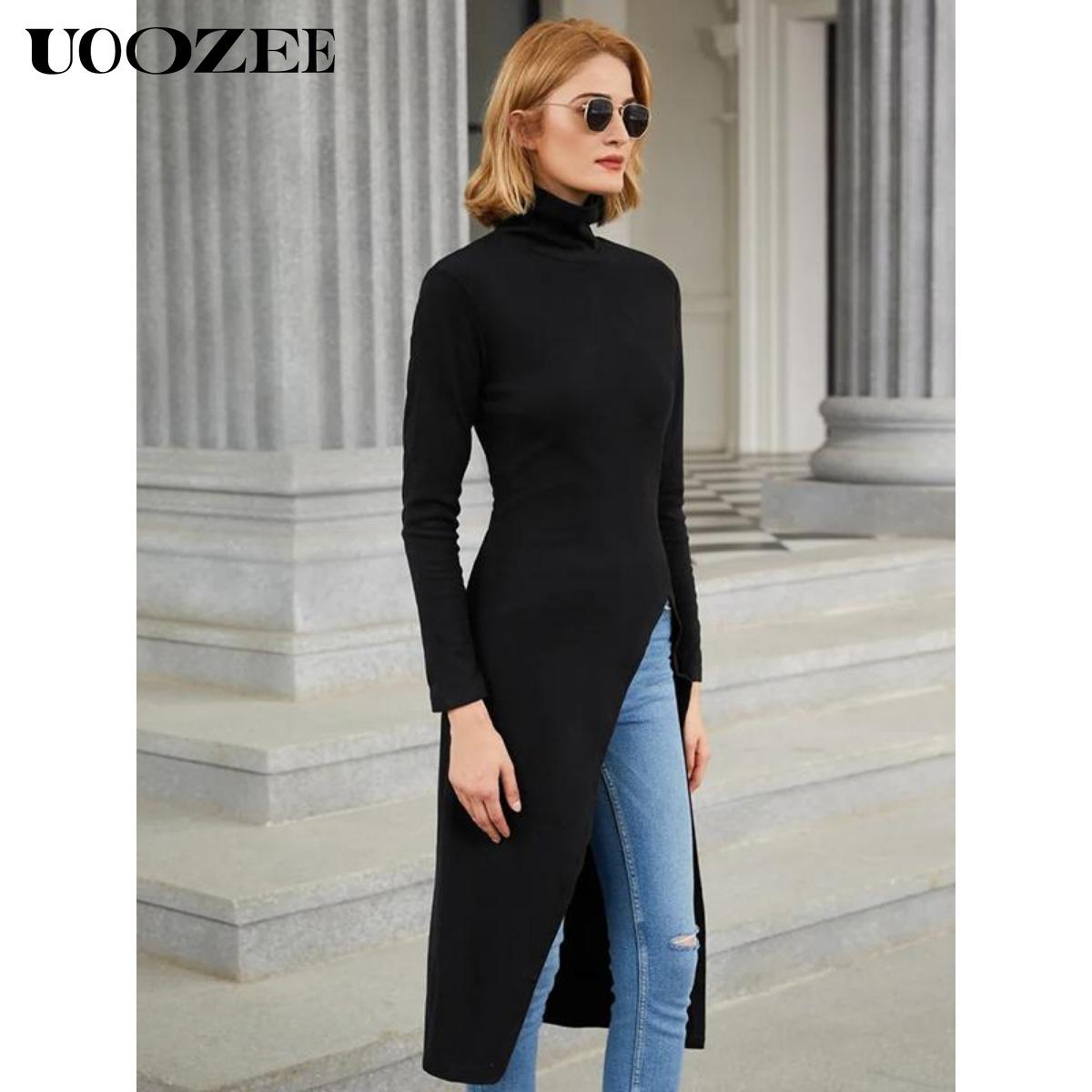UOOZEE Women's simple tight solid color split high collar long sleeve knitted top, elegant casual, with a strong sense of design, elastic and comfortable fabric, suitable for daily leisure and commuting fall clothing women office outfits