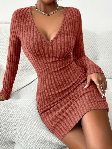 Women's Striped Deep V Neck Bodycon Dress, Comfortable Soft Casual Long Sleeve Tight Sleeve Short Dress for Fall & Winter, Ladies Clothes for Daily Wear, Womenswear