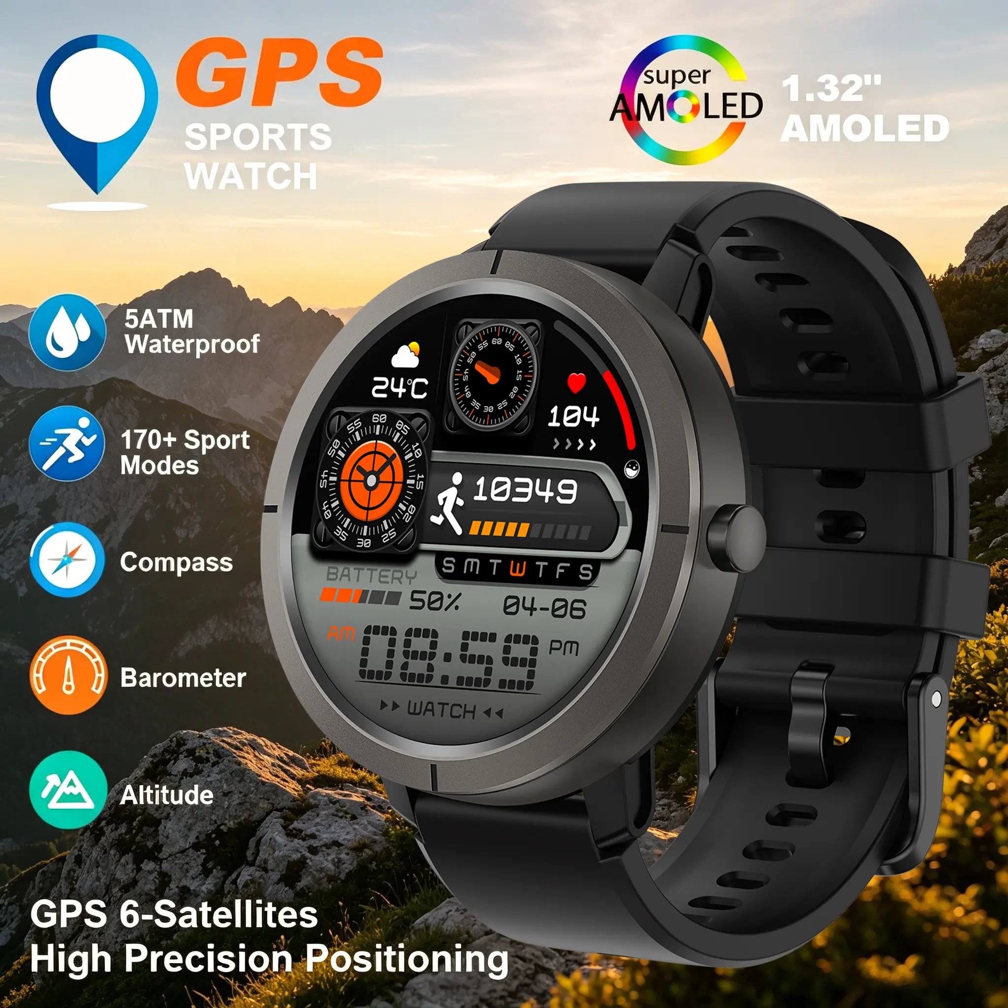 GPS 6-Satellites Navigation Smart Watch, 5atm Waterproof, 1.32" Amoled Screen, Bluetooth-compatible Call, 170 Sport Modes, Analog-Digital Face, Dm76 Model