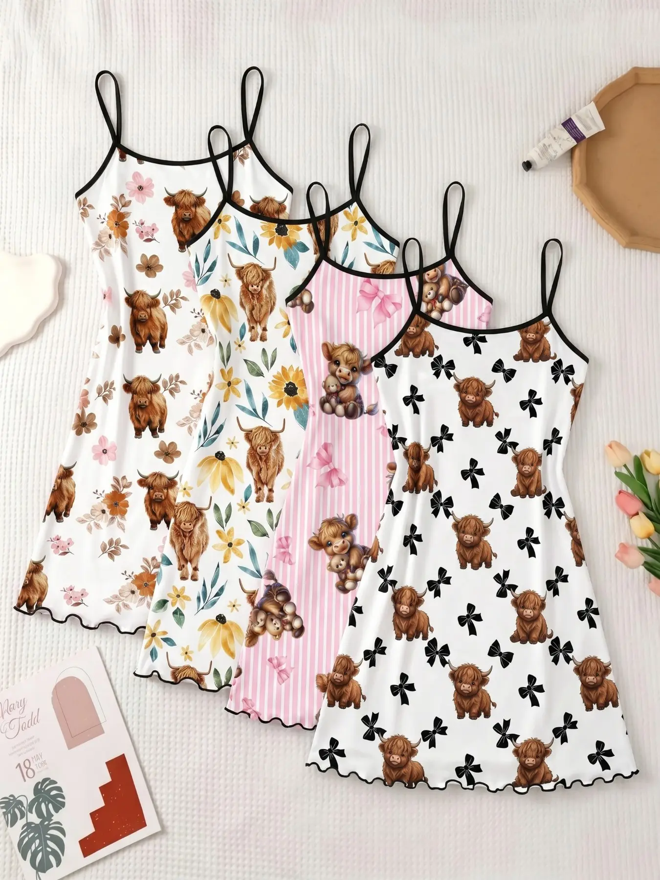 4-Pack Cute Highland Cow Print Nightdresses, Strapless Ruffle Hem, Breathable Lightweight, Perfect for Spring Summer, Daily Home Wear