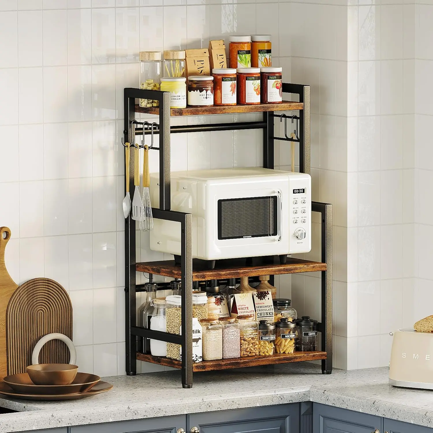 Vintage 3-Tier Large Kitchen Countertop Organizer with Adjustable Shelf, 5 Hooks, Easy Setup - Wooden Space-Saving Shelf for Kitchen, Bathroom