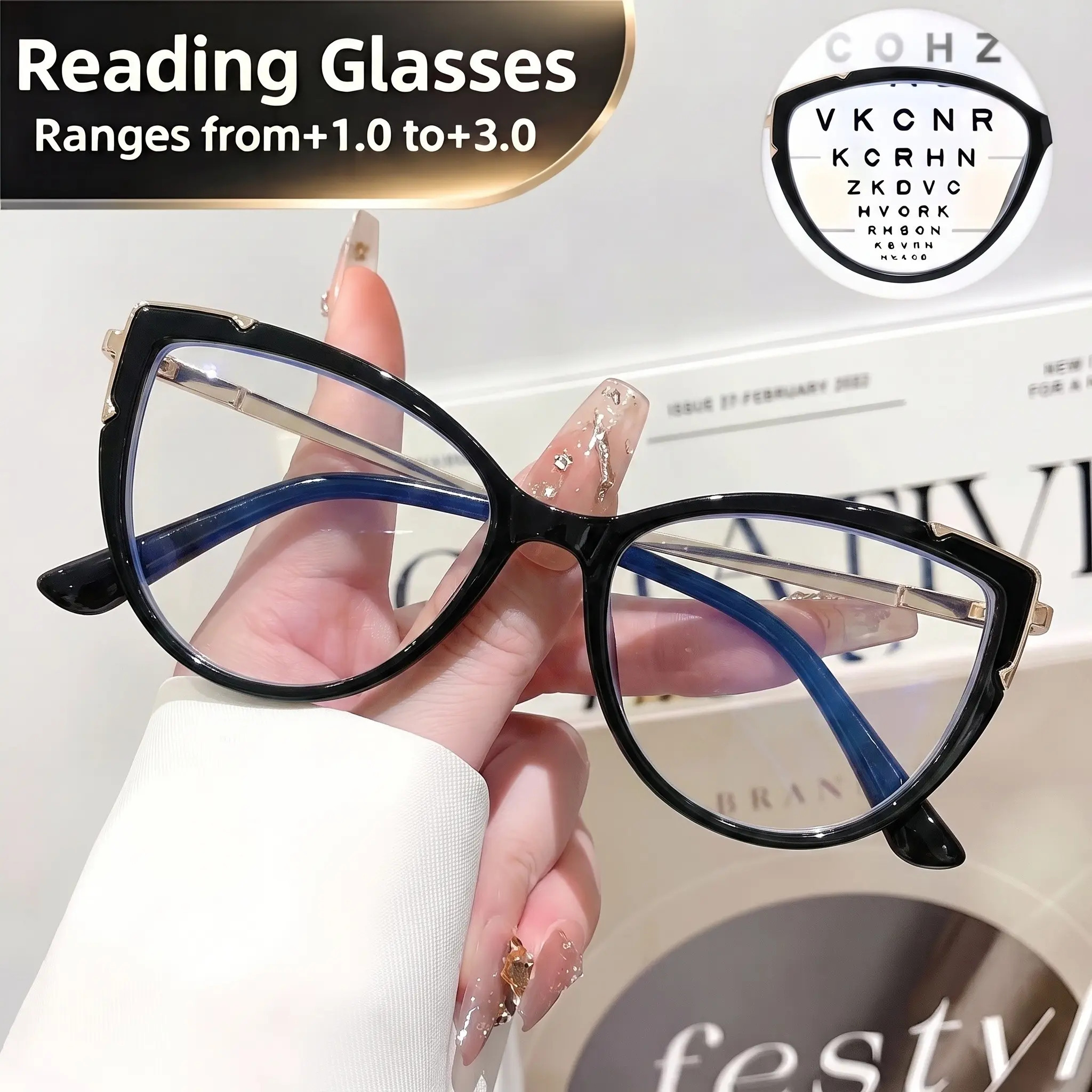 New women's cat-eye anti-blue light HD reading glasses, stylish magnifying reading glasses, vintage transparent lens design, lightweight glasses, suitable for office, travel, wear, and holiday gifts.