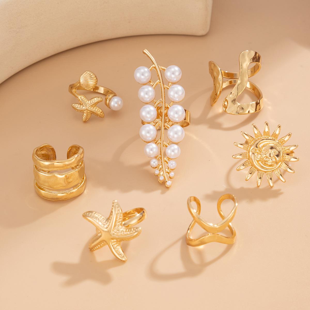 Ocean Vacation Style Starfish & Shell Rings Set – Unique Pearl-Embellished Branch Design