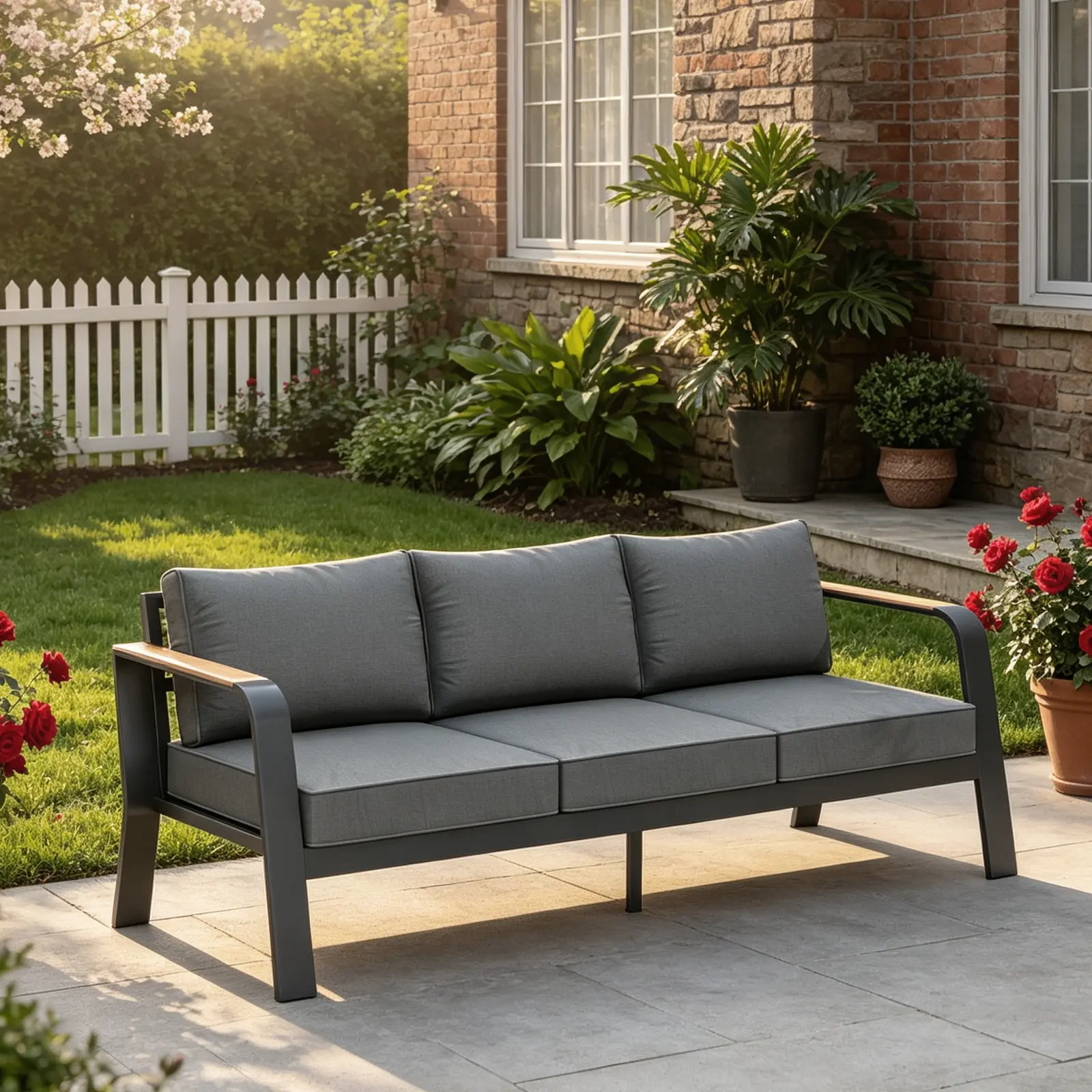 Modern 3-Seat Aluminum Patio Sofa – All-Weather Rustproof Couch – Thick Washable Cushions – For Garden, Balcony, Deck, or Backyard – Dark Gray Spray Plastic & Dark Gray Cushion
