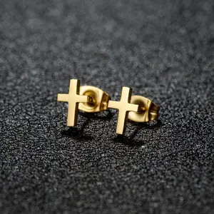 Golden Stainless Steel Small Cross Christianity Amulet Earrings For Women Hypoallergenic Stud Earrings For Girls Daily Wear