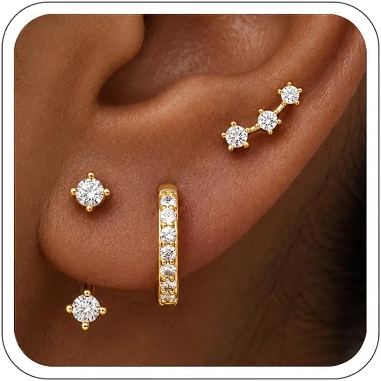 3 Pairs  Dainty  Earrings Set for Women,  Small Stud, Hoop & Ear Jacket Earrings, Stackable Minimalist Everyday  for School & Daily Wear