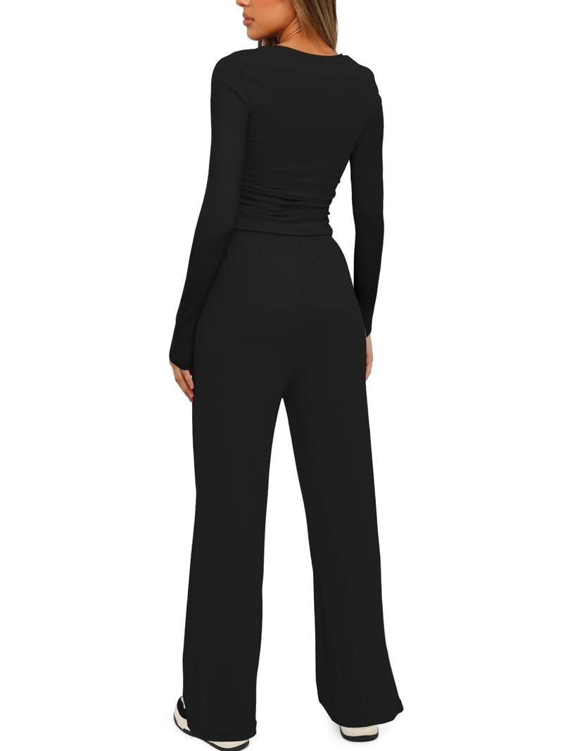 Women's Solid Ruched Drawstring Loungewear Set, Casual Long Sleeve Round Neck Top & Pocket Wide Leg Trousers, Ladies Sleepwear for All Seasons