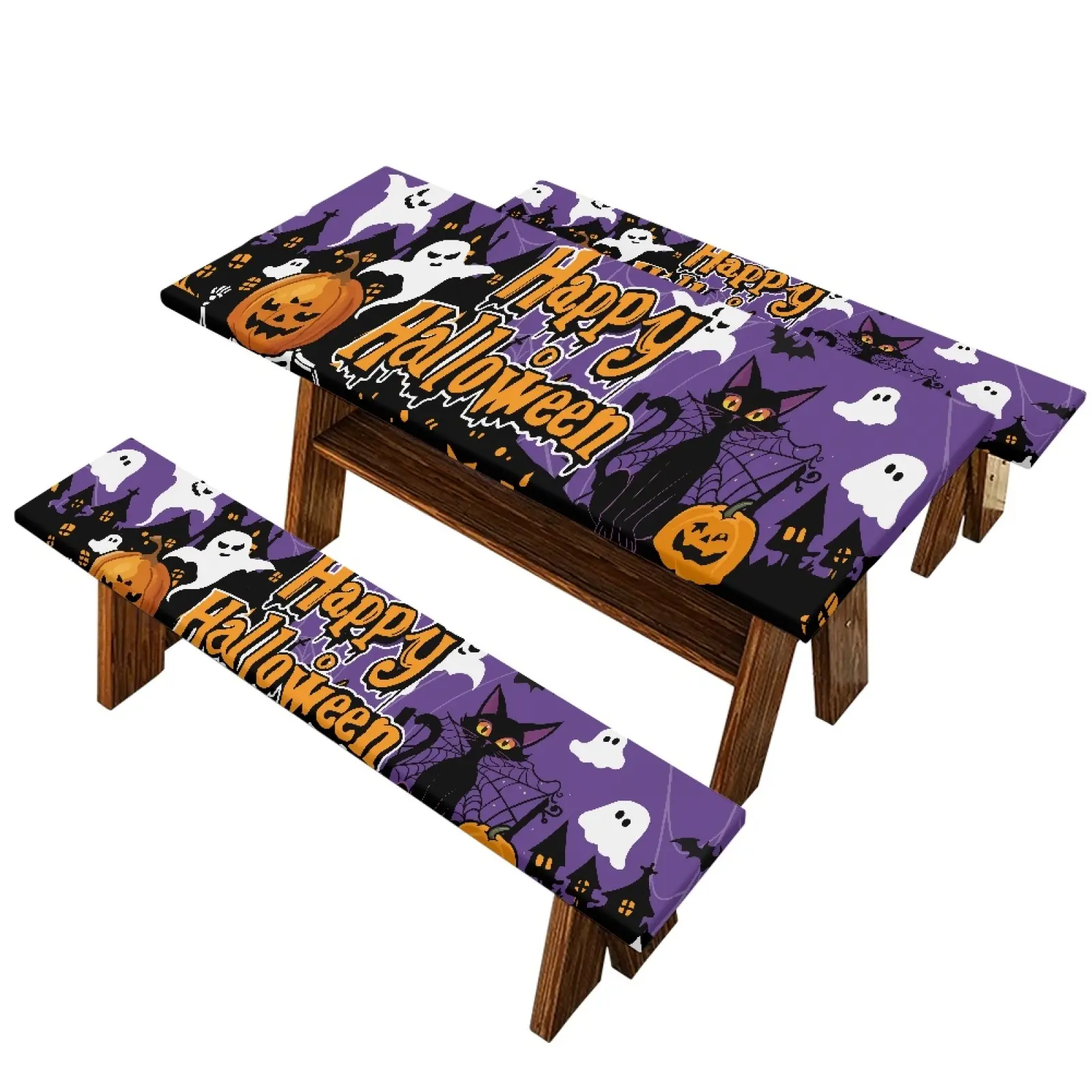 72X30 Inch Stretch Fitted Picnic Tablecloth and Bench Cover Set, Waterproof Heavy Duty Outdoor Tablecloth, Halloween Skull Pumpkin Ghost Bat Print, Slip Resistant Easy Clean Protector for Backyard, Park, BBQ, Picnic, Camping