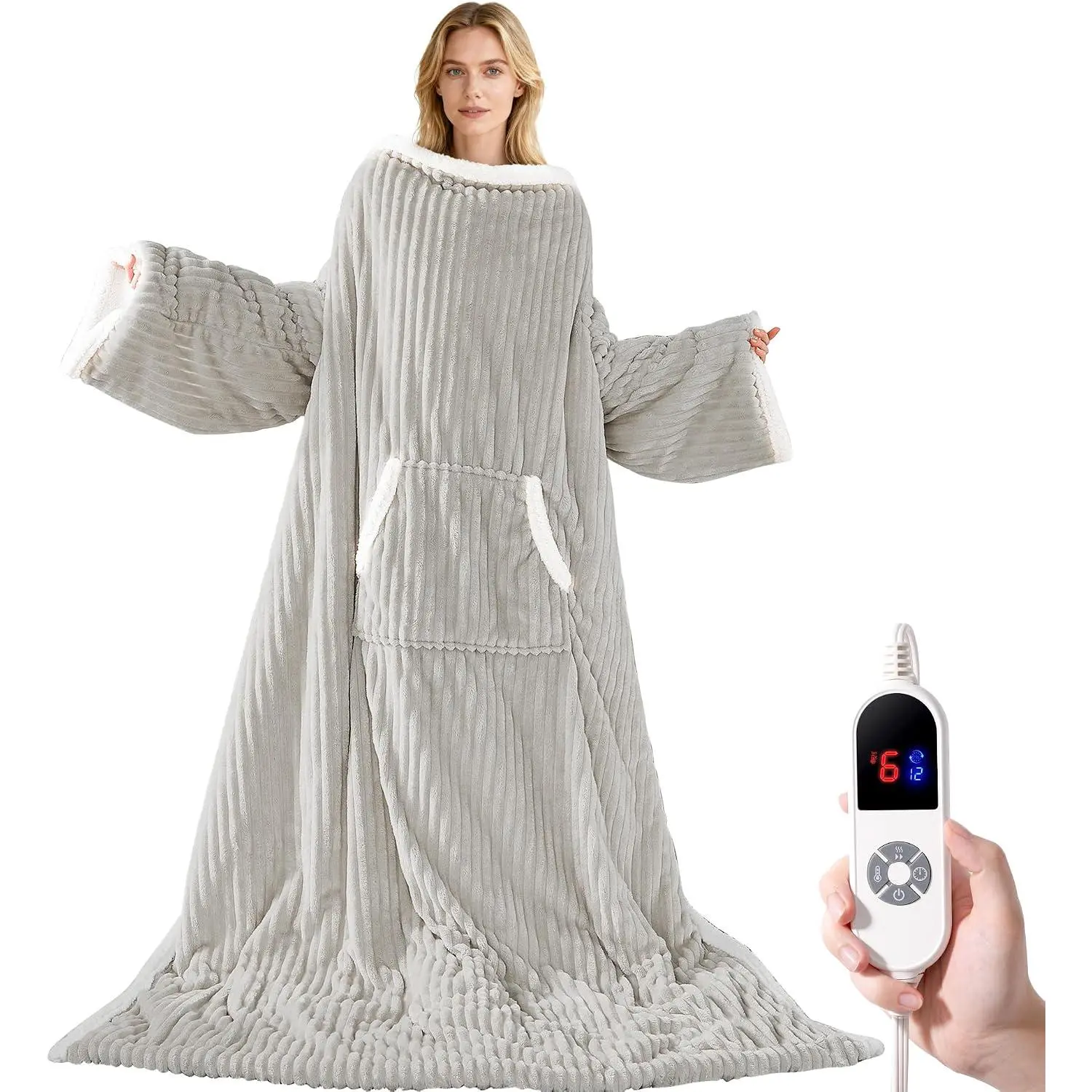 Wearable Heated Blanket with Sleeves& Foot Pocket Electric Robe, Light Gray | Sherpa, 6 Heat Levels 12H Timer Setting, Over-Heat Protection, Machine Washable, 52x72 Inches, Office//