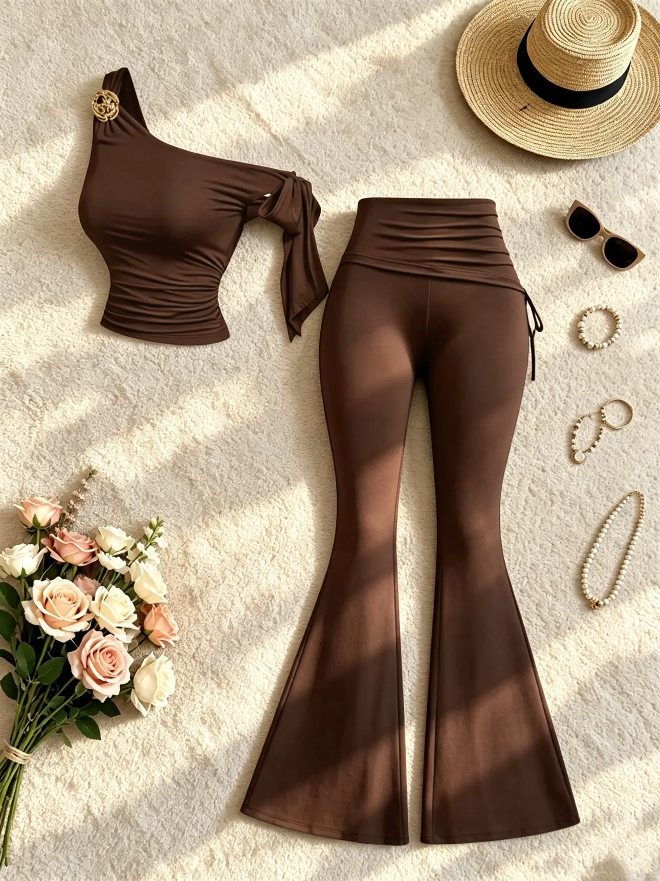Women's Two-Piece Set, Asymmetrical Shoulder Tie Bodycon Ruched Top, High-Waisted Ruched Adjustable Drawstring Bell Bottoms, Elegant Casual Daily Wear, Pants