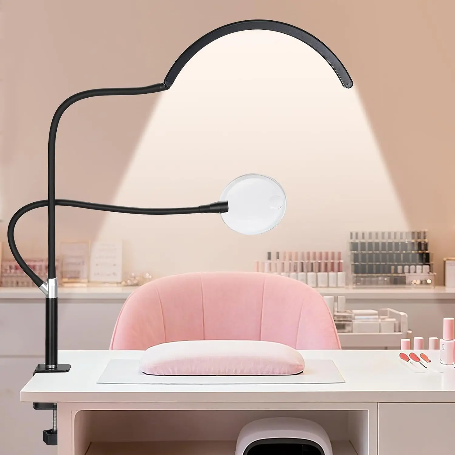 LED Flicker-Free Dual Arm Half Moon Nail Desk Lamp with 4X Magnifier, 3 Color Modes, 10 Brightness Levels & Gooseneck Bend for Nail Artists, Manicure Salon Use