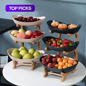 3 tier fruit basket, 1 count large capacity tiered fruit basket stand, bamboo fruit basket fruit tray snack nuts bread candy storage rack