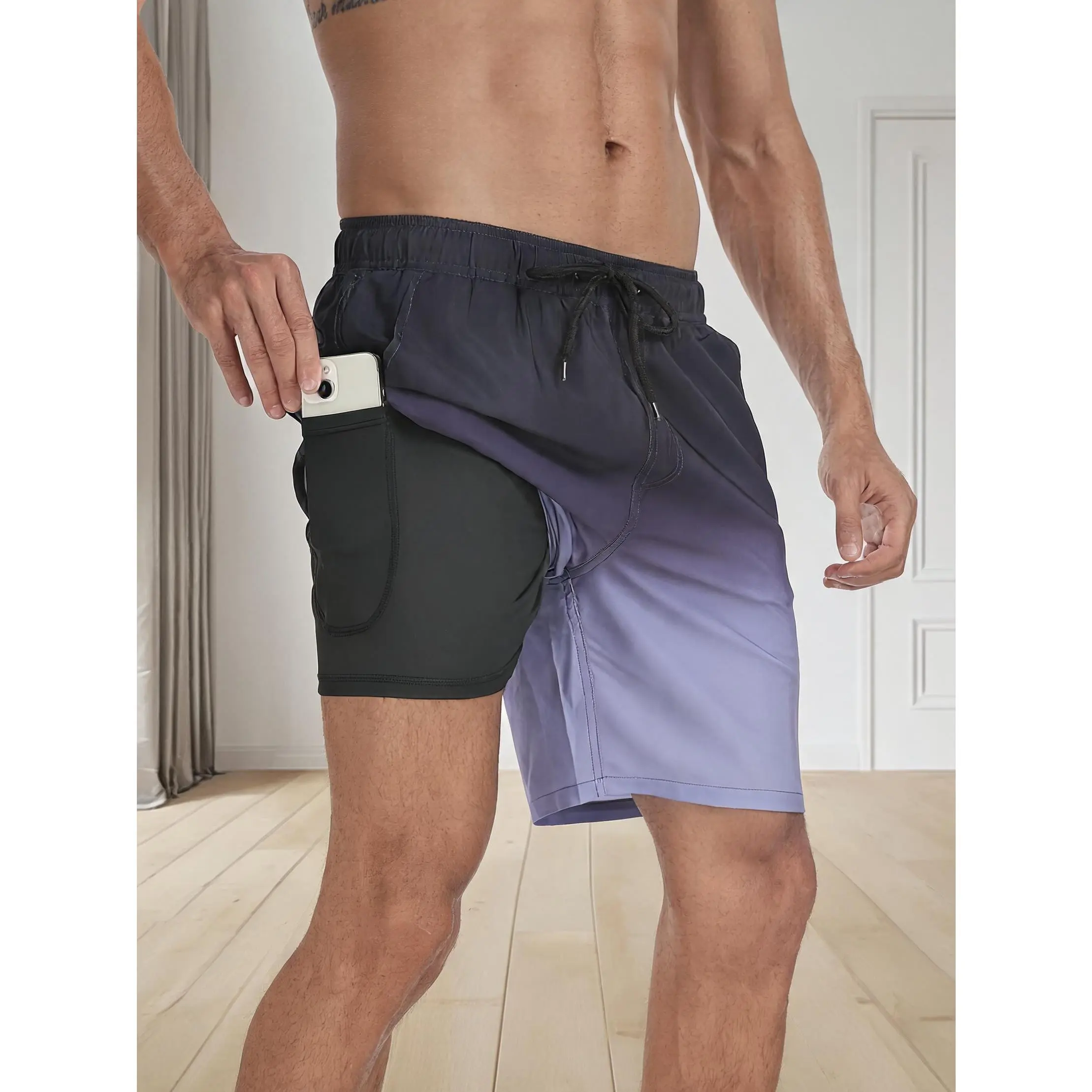 Men's Gradient 2 in 1 Swim Trunks - Quick Dry Compression Liner Phone Pocket Beach Surf