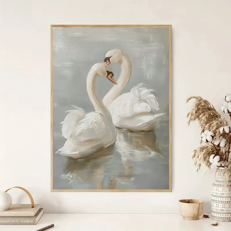 Retro Swan Canvas Oil Painting - Artistic Unframed 08×12inch(20×30cm) Minimalist Artwork, Printed Poster for Countryside Farmhouse, Ideal for Home Wall Art Decor (Living Room, Bedroom)