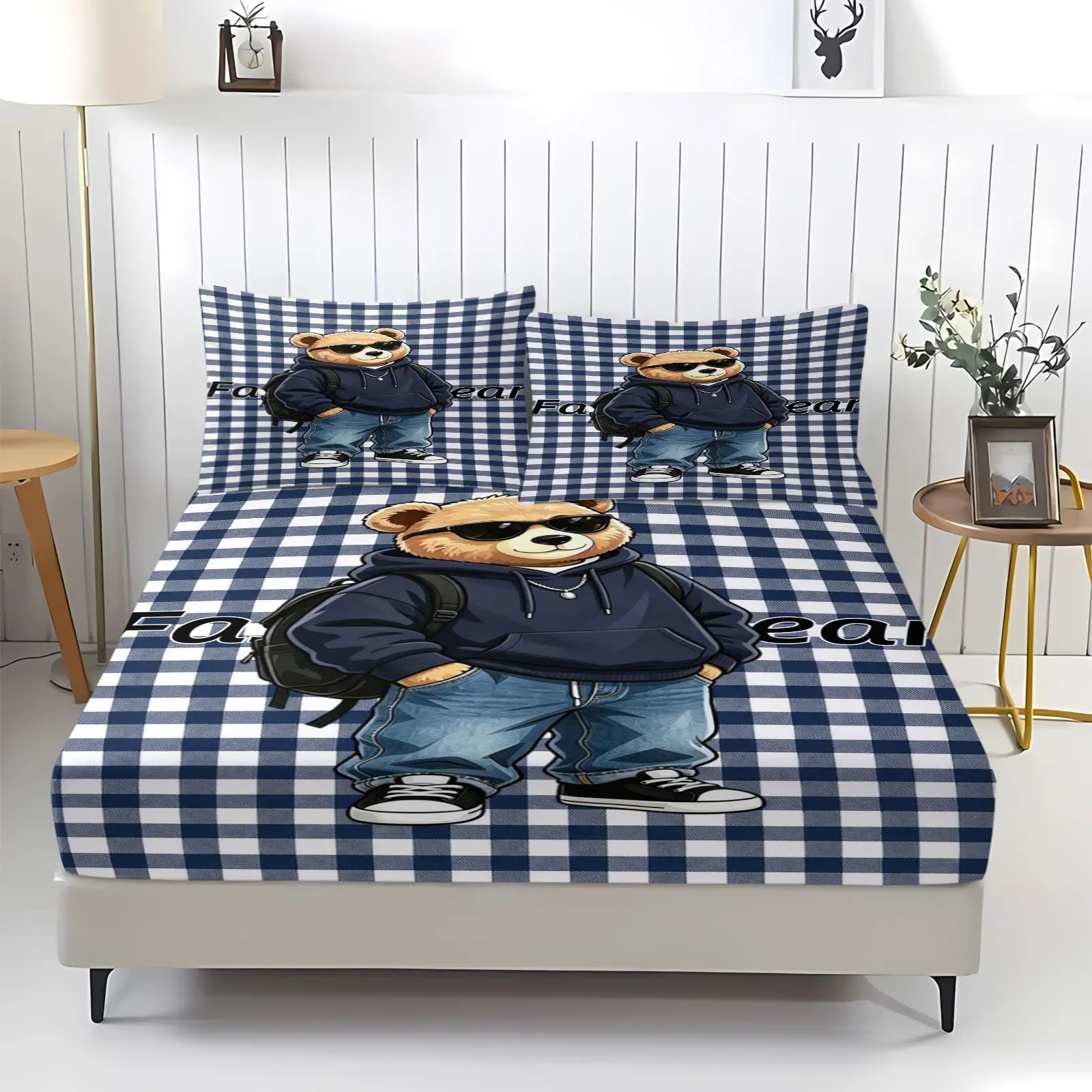 Checkered bear print bed skirt, including 1 bed sheet and 2 pillowcases, with anti-slip dust cover suitable for bedrooms and guest rooms, perfect for personal use or gifting