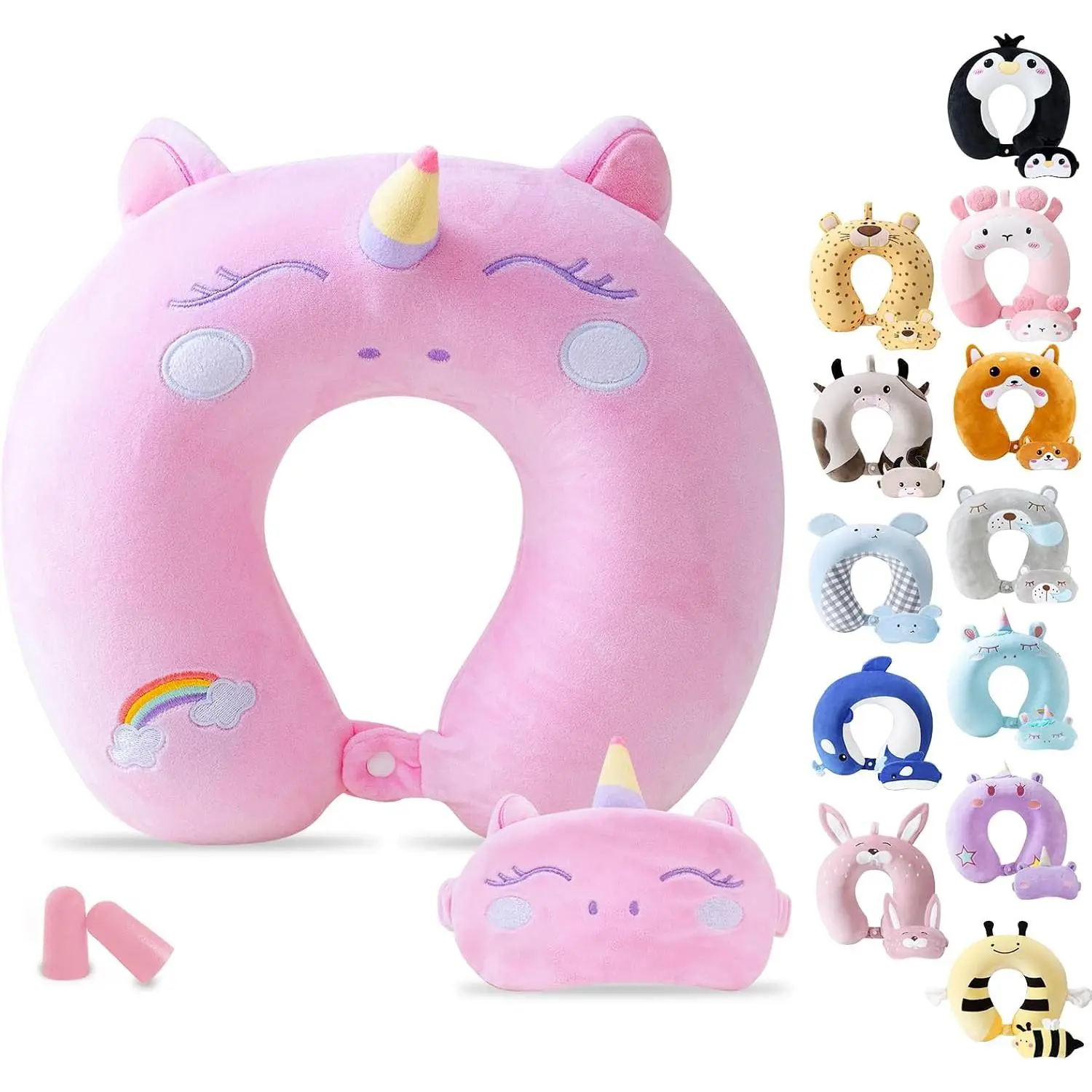 Travel Pillow for Kids Adult Cute Neck Pillow for Traveling Airplane Pillow Sleep Mask Animal Flight Pillow Head Rest Neck for Cars Long Flights (Pink, 9-12 Y/O)