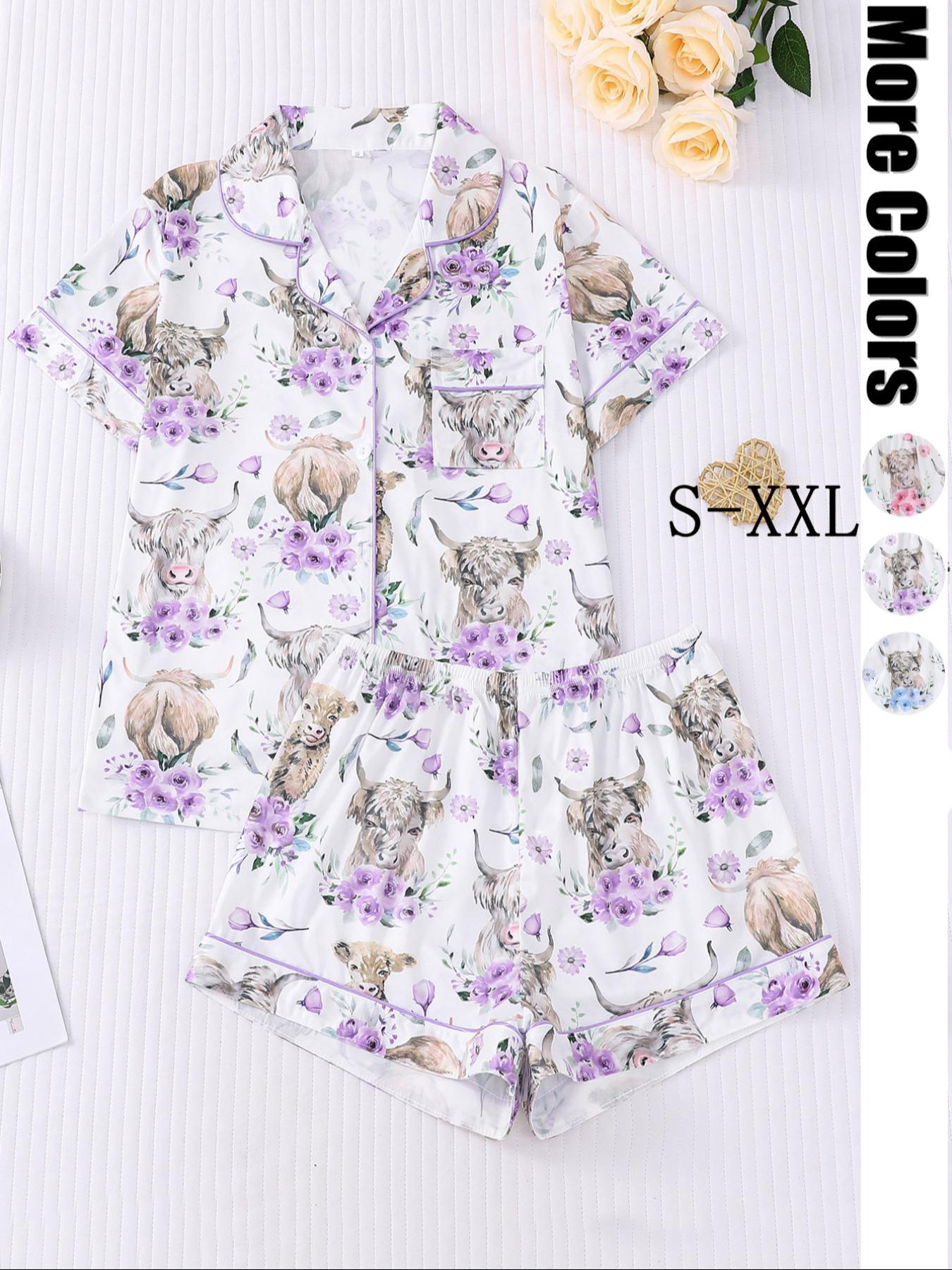 Women's All-Over Cow-Print Contrast-Trim Shirt & Elastic-Waist Shorts Pajama Loungewear Set, Casual Comfy Short Sleeve Collared Top & Shorts PJ Two-Piece Set
