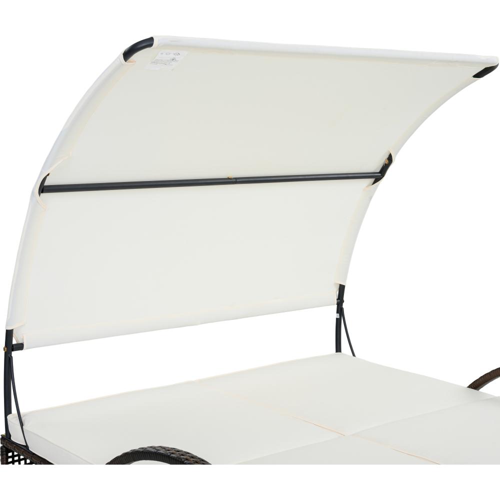 Outdoor steel-frame sun loungers with adjustable backrests; double patio sunbeds featuring hidden side tables and curved armrests; ideal for patios, pool decks, gardens, backyards, and other outdoor spaces