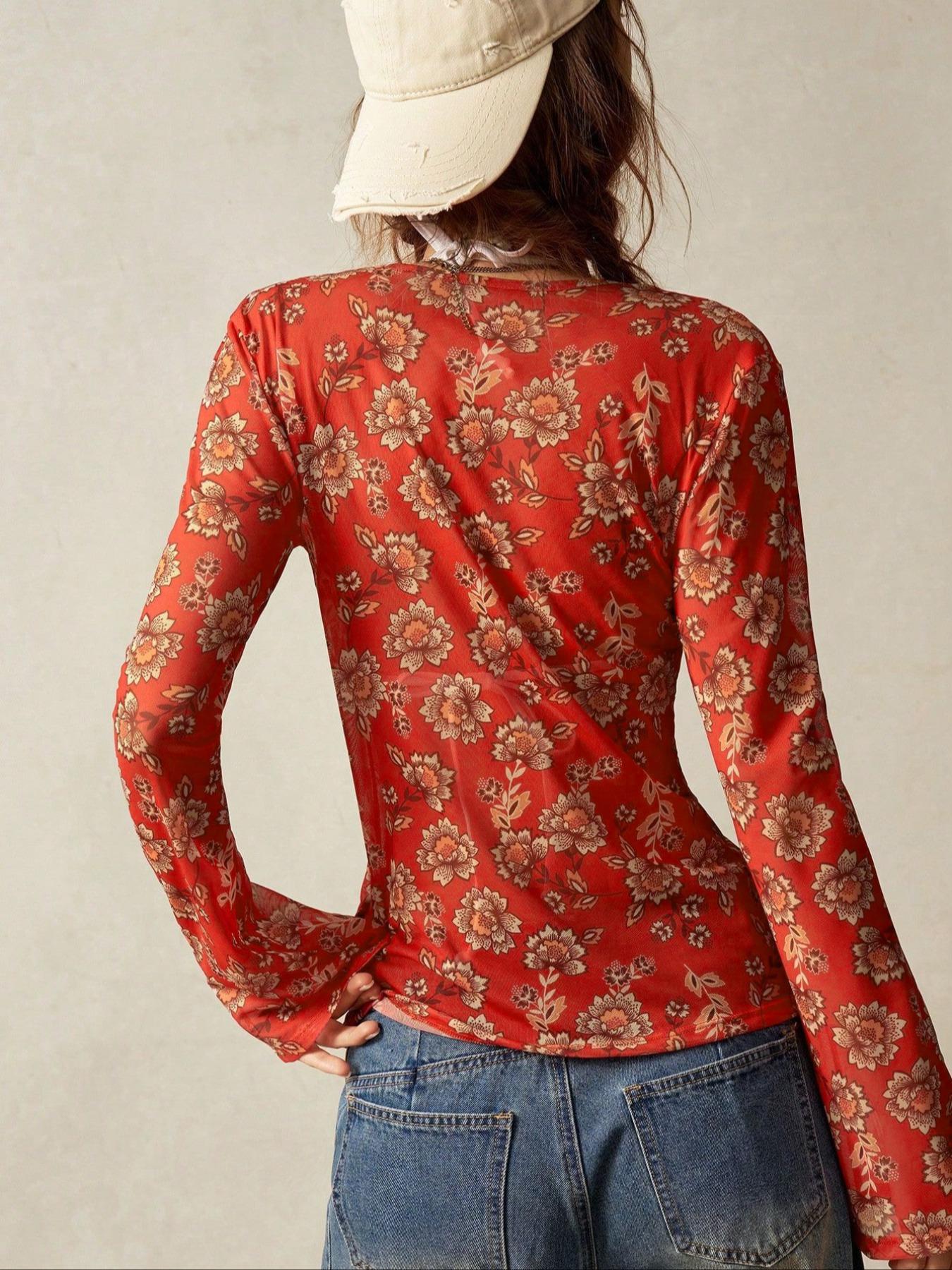 Women's Spring & Summer Floral Print Slim-Fitting Shirt, Long Sleeve Elegant Vintage Style, Casual Vacation Wear