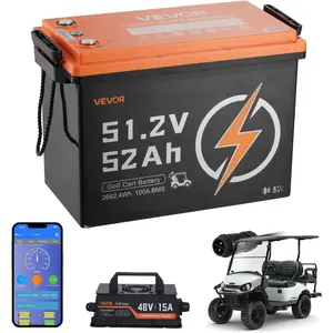 VEVOR 48V (51.2V) 52AH Lithium Golf Cart Battery, with 15A Charger, Lifepo4 Battery Kit, Built - in 100A BMS, 4000 Cycles, 2C Discharge Rate, Bluetooth Mobile APP, for Golf Carts, Trolling Motors