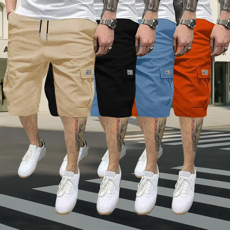 Men Knee Length Cargo Capri Shorts, Drawstring Elastic Waist Multi Flap Side Pockets Casual 3/4 Cropped Pants, Small Label Decoration Loose Fit Bottoms for Summer Street Daily Outfits, Multiple Solid Colors