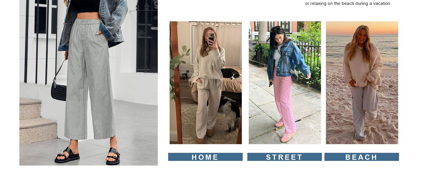 Danedvi Womens Boxer Pants Striped Lounge Pajama Bottoms Elastic High Waisted Wide Leg Trousers with Pockets Black Fabric