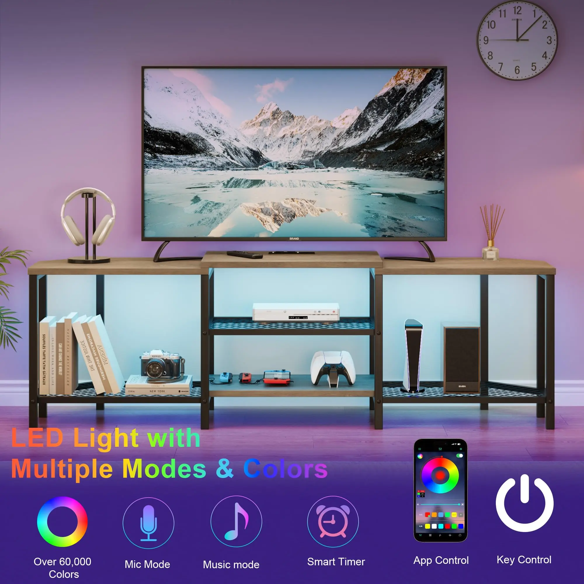 67 Inch Corner TV Stand for TVs up to 75 Inch with LED Lights, Power Outlets, 4 Open Shelves, Modern Media Console Table for Living Room or Bedroom - Grey or Vintage Brown