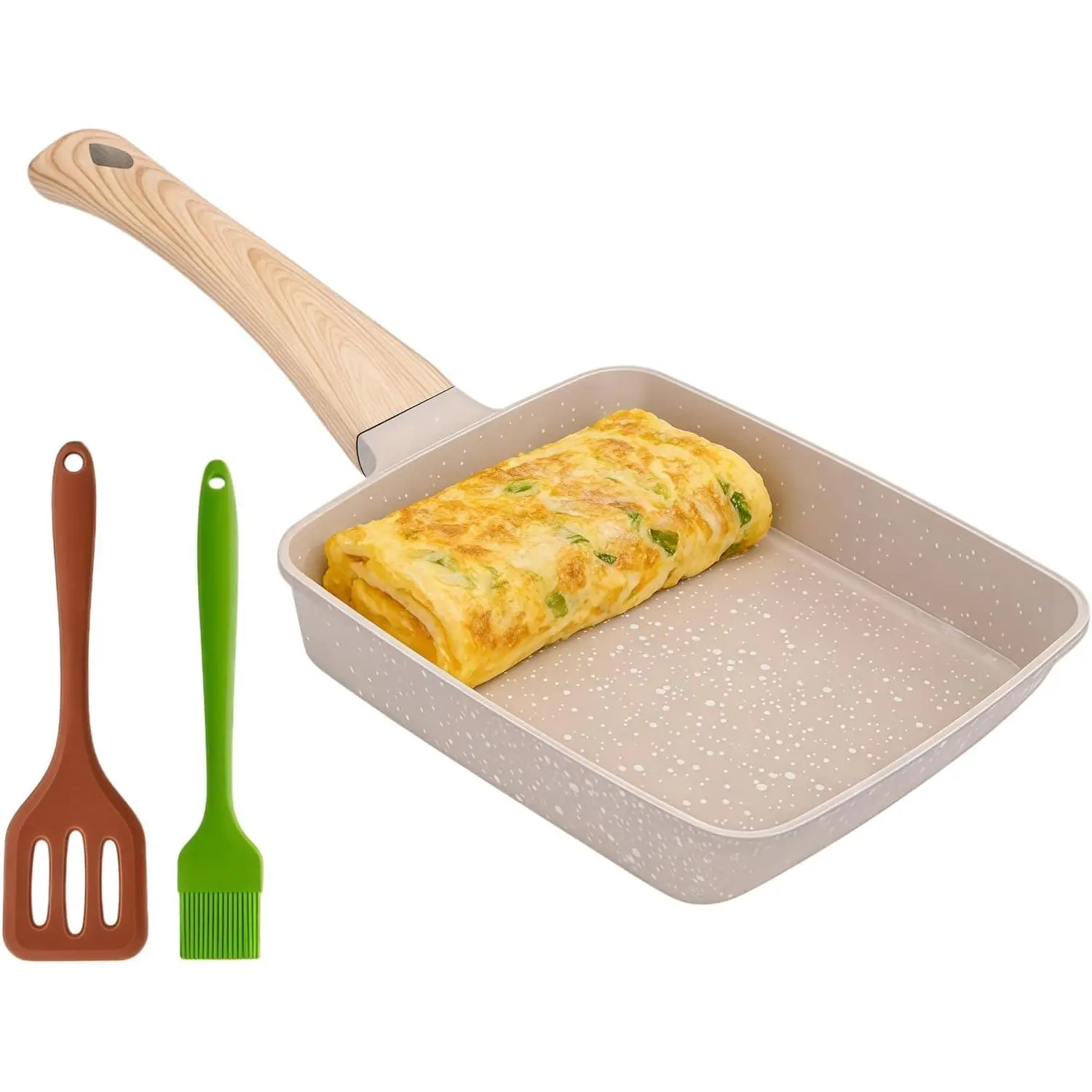 Nonstick Tamagoyaki Japanese Omelette Egg Roll Pan 7"x6" Cream White Granite Coating Rectangular Frying Pan, Detachable Handle, Induction Compatible, with Silicone Spatula & Oil Brush Set