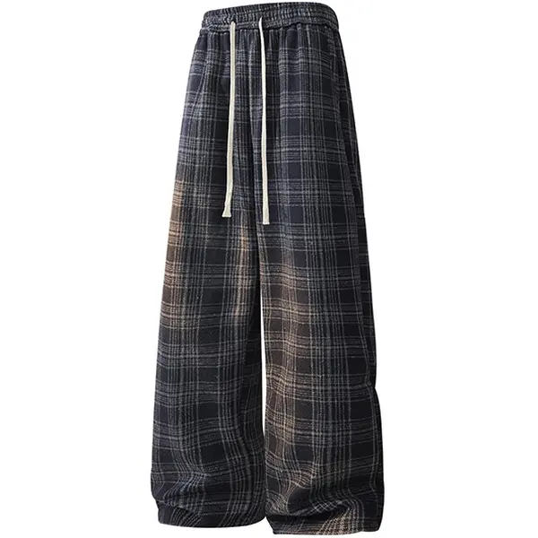 Men's Preppy Plaid Pants - Japanese Retro Streetwear, Mid Waist, Ankle Length, Brushed Polyester Blend Menswear Bottoms, Casual, Drawstring