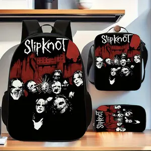 Slipknot heavy metal band mask member design three-piece backpack set with red splatter paint on a black background, including a backpack, insulated lunch bag, and stationery storage bag, suitable for daily use by teenagers