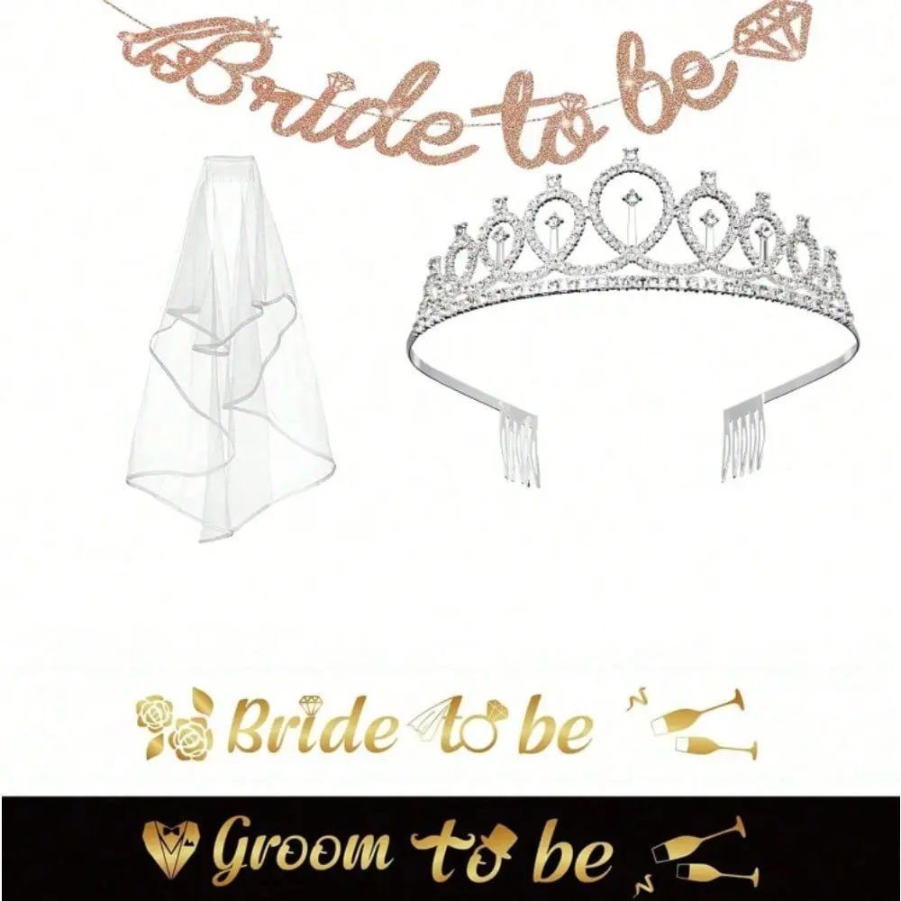 Bridal Party Decor Set, Gold Foil Bride & Groom Satin Sashes, Rhinestone Tiara Headband, Wedding Veil & Banner Kit, Elegant Party Favor for Bachelorette Bachelor Engagement Themed Wedding Supplies