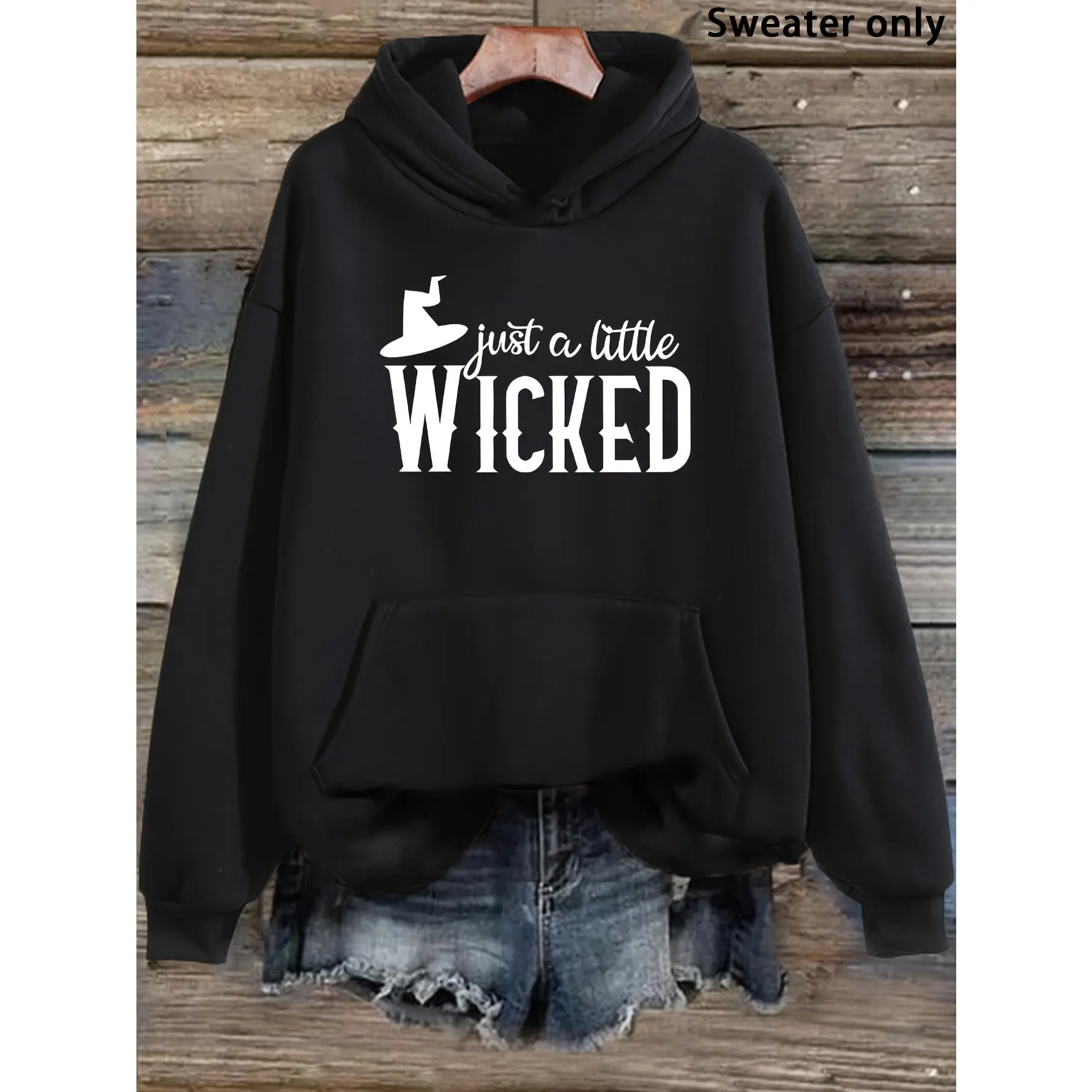 Black Casual Pullover Hoodie Featuring a Witch Hat Print That Says 'Just A Little Wicked', Ideal for Halloween And Everyday Use