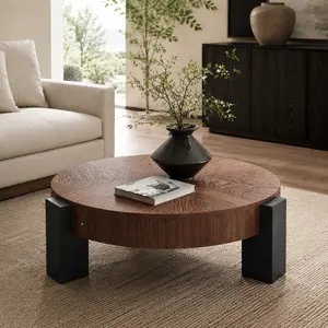 33" Round Wood Coffee Table - 33.07" W x 33.07" D x 14.96" H, Lacquered Modern Parquet Veneer Top, 3 Block Legs, Solid Natural Wood+MDF, Hidden Storage, Assembly Required, for Living Room Small Spaces, Walnut & Black Multiple Color Options