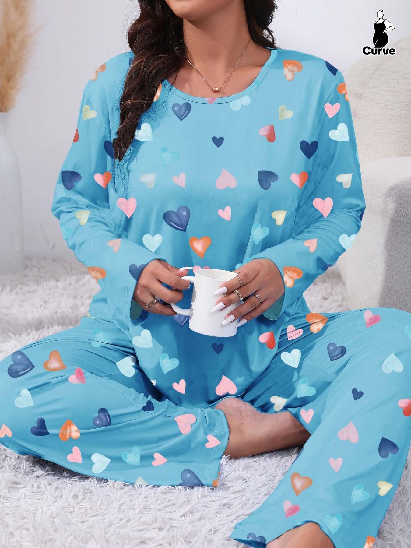 Plus Size Two-Piece Heart Print Pajama Set, Casual Long Sleeve Tee & Pants, Women's Plus Sleepwear & Homewear for Spring & Fall