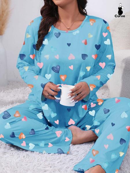 Plus Size Two-Piece Set Heart Print Pyjama Lounge Set, Casual Long Sleeve Tee & Pants, Women's Plus Sleepwear & Homewear for Spring & Fall Pajamas