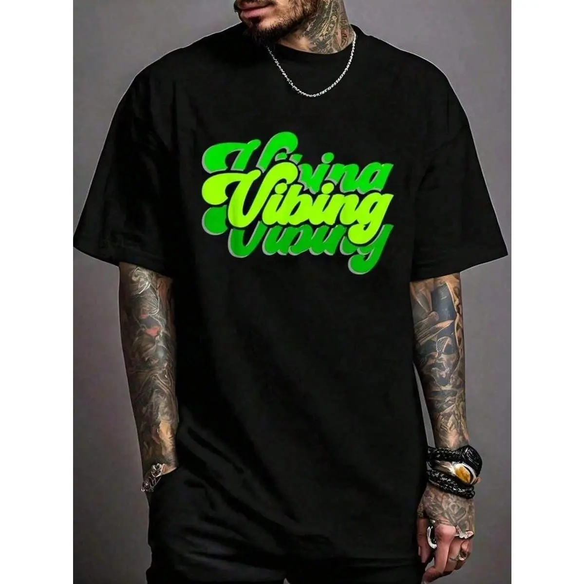 Summer ClothesMen Green Vibe Graphic T-Shirt Neon Green Print On Black A Bold Statement Perfect For Everyday Wear And Parties Vibrant Lime Green Lettering Formal Fit Men Stylish Top With Green Vibe Graphic Comfortable Fit Crew Neck Short Sleeves