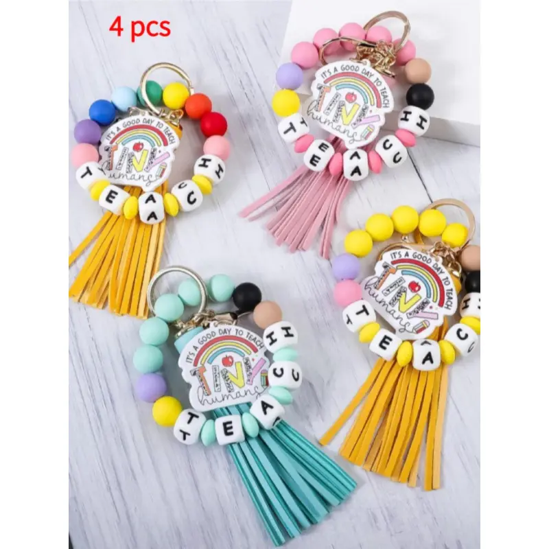 Teacher Silicone Beaded Wrist Keychain, Letter Bead Key Ring with Tassel Rainbow Acrylic Charm, Teacher Appreciation Gift for Women