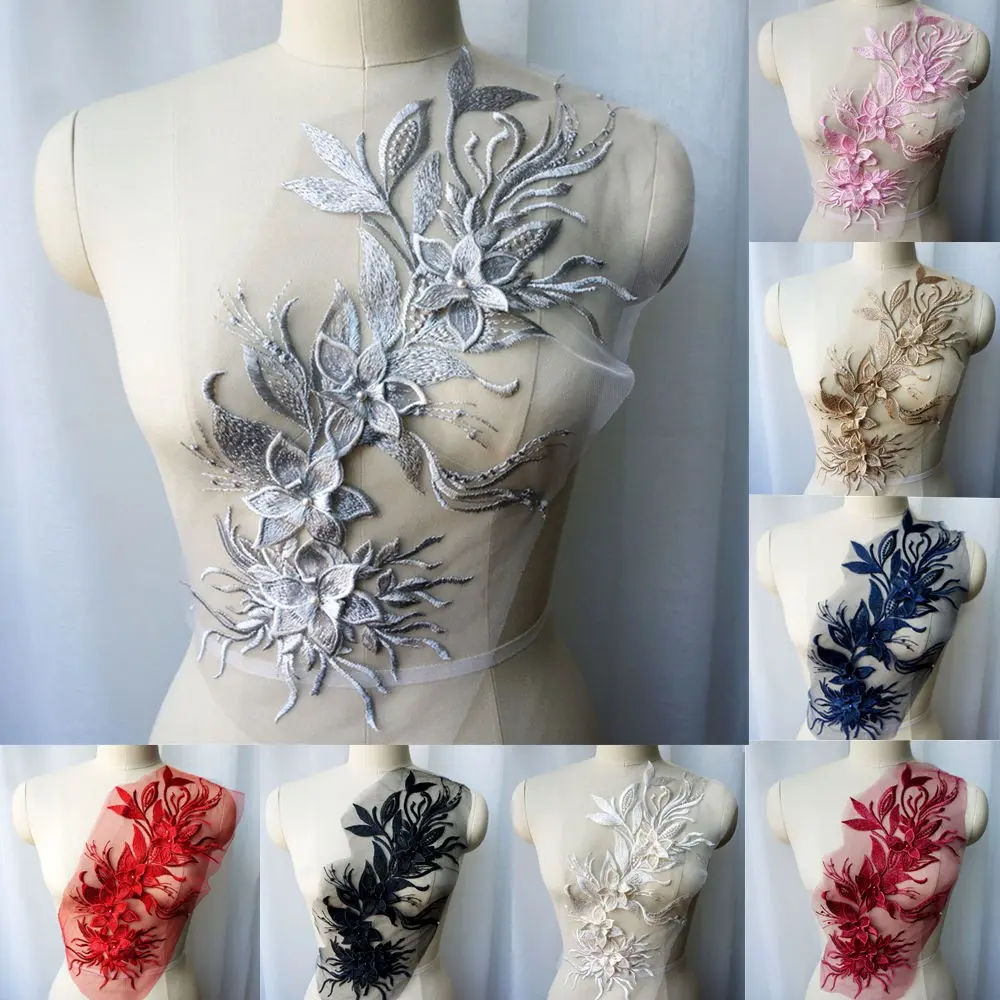 Embroidered Flower Beads Applique Tassel Lace Trim Fabric Collar Mesh Sew Patch For Wedding Gown Clothes Dress Decoration DIY Crafts