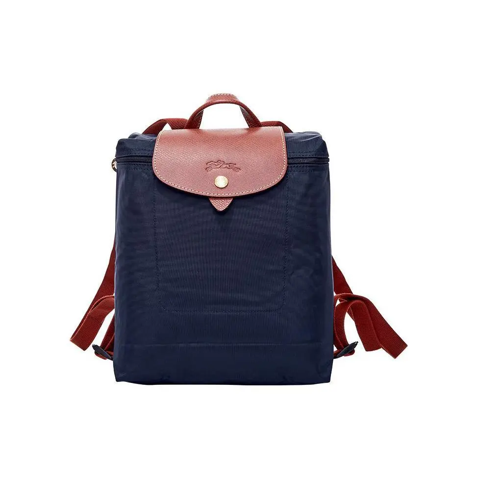 Longchamp Le Pliage 26 Backpack – Women’s Canvas with Leather Trim, Snap-and-Zip Closure, Navy Blue