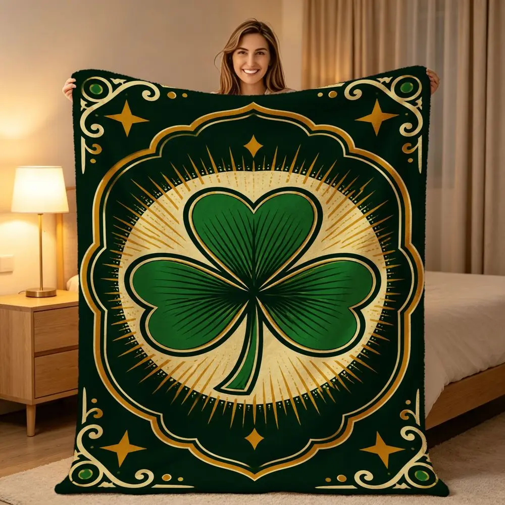 St Patricks Day Lucky Clover Throw Blanket - Green Four Leaf Clover & Golden Sunburst Pattern Soft Cozy Fleece Bedspread Suitable for Bed Sofa Living Room Decor, Irish Gift for, Year-Round Contemporary Bedding